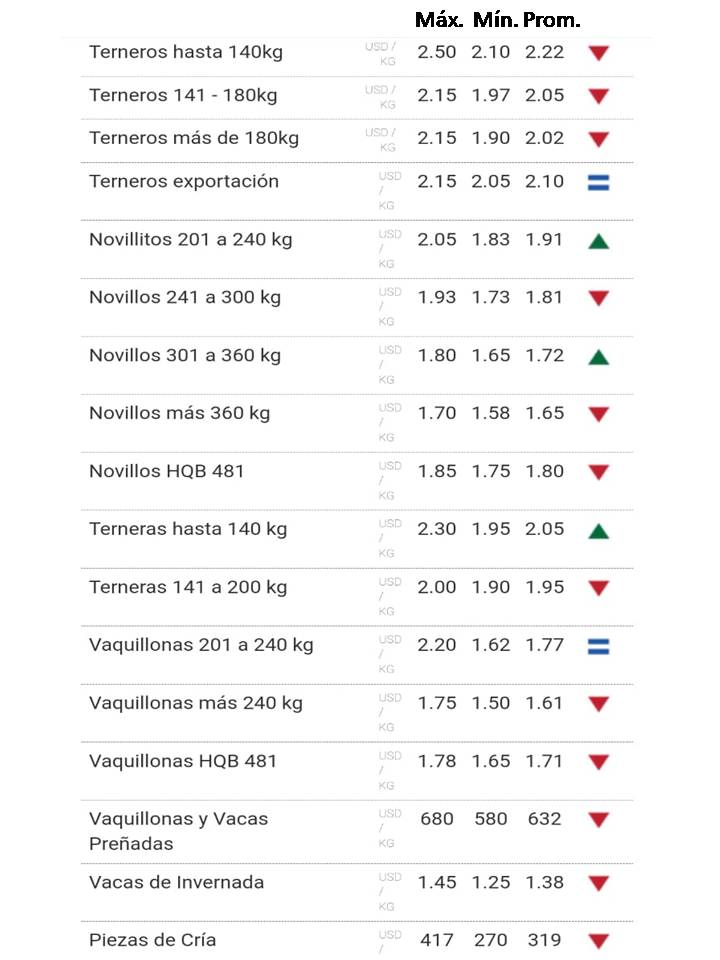 IMAGEN DE LA PLANILLA DE PRECIOS DEL MERCADO DE REPOSICIÓN