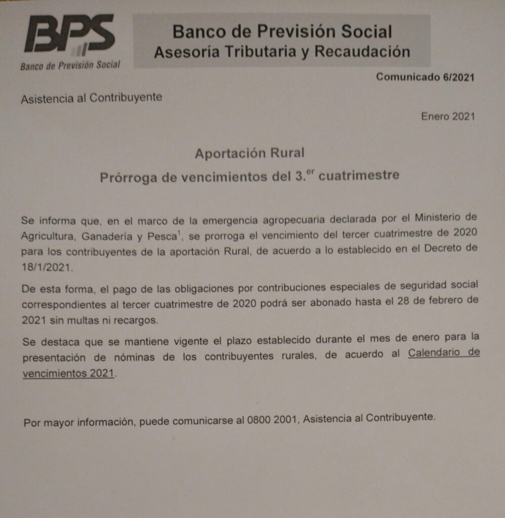 imagen del comunicado que lacalle pou firmó decreto que prorroga pago del bps rural 