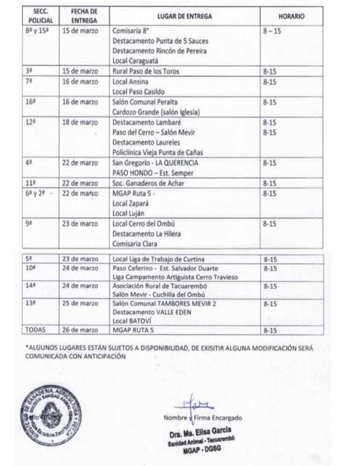 imagen de la planilla de entrega de vacunas con fechas y lugares en tacuarembó cronograma: entrega vacuna aftosa