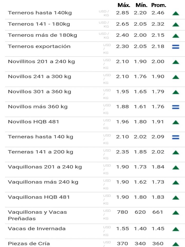 IMAGEN DE LA PLANILLA DE PRECIOS DEL GANADO DE REPOSICIÓN CONTINÚA LA FIRMEZA EN EL MERCADO