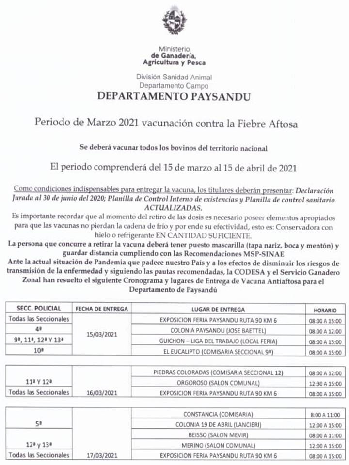 imagen del cronograma de entrega de vacunas en paysandú