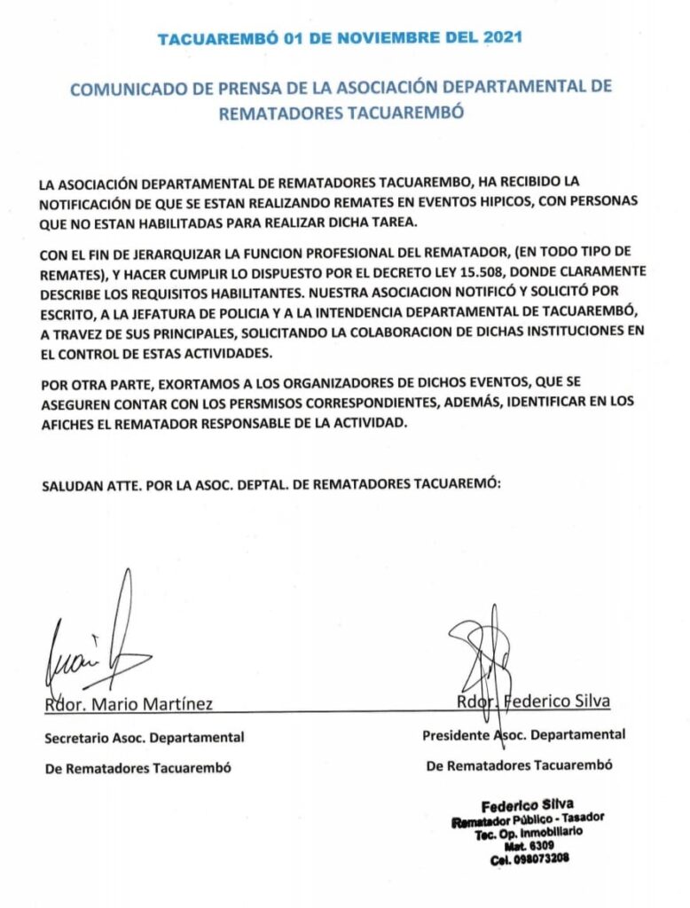 imagen del comunicado: de los rematadores de tacuarembó.