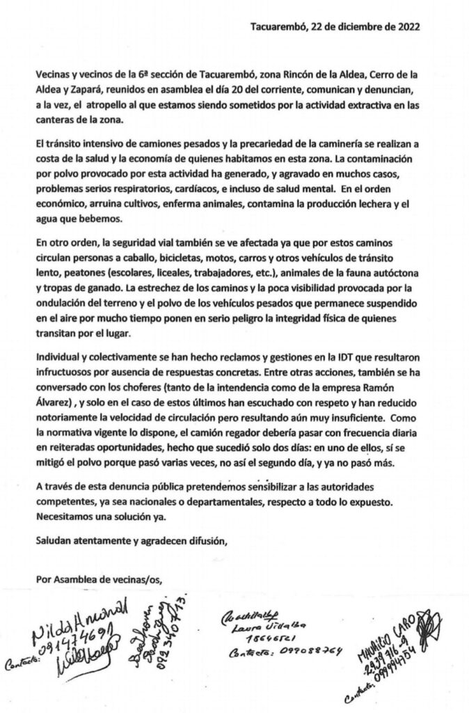 imagen de la carta de denuncia sobre las canteras 