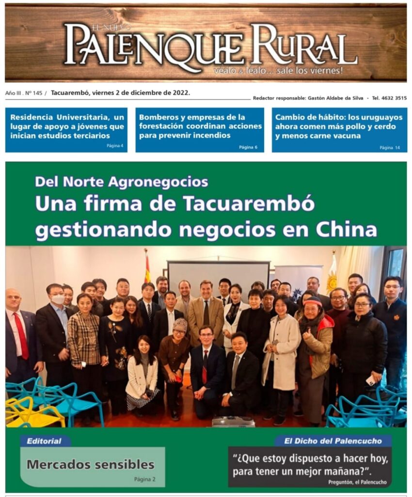 IMAGEN DE LA TAPA DE EL PALENQUE RURAL: DEL NORTE AGRONEGOCIOS, FOTO DE EMPRESARIOS CHINOS EN LA EMBAJADA DE URUGUAY EN CHINA