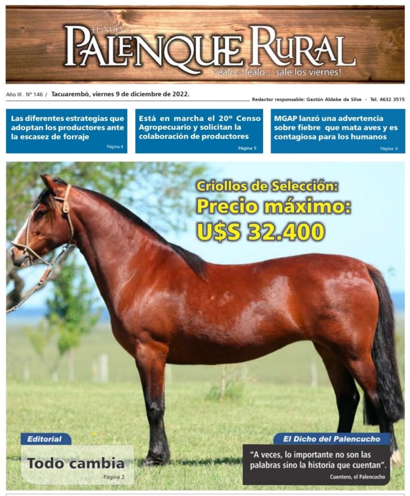 IMAGEN DE LA TAPA DE EL PALENQUE RURAL, UNA YEGUA CRIOLLA DE CRIOLLOS DE SELECCIÓN 
