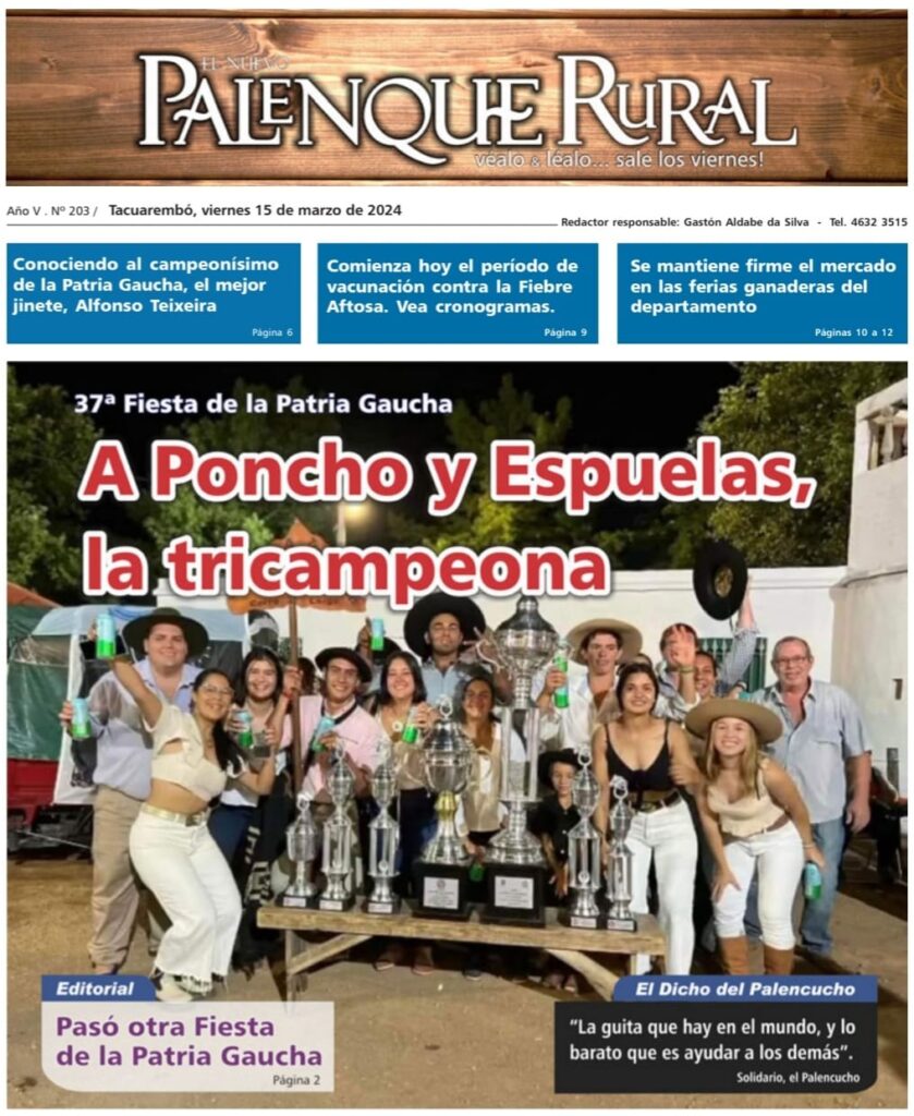IMAGEN DE INTEGRANTES Y LOS TROFEOS DE LA SOCIEDAD A PONCHO Y ESPUELAS, PALENQUE RURAL: A PONCHO Y ESPUELAS TRICAMPEONA