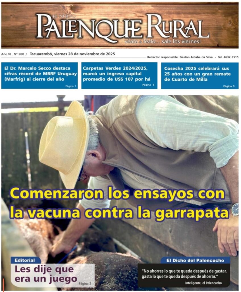 imagen del ministro fratti vacunando un vacuno, El Palenque Rural: comenzaron los ensayos con la vacuna contra la garrapata.