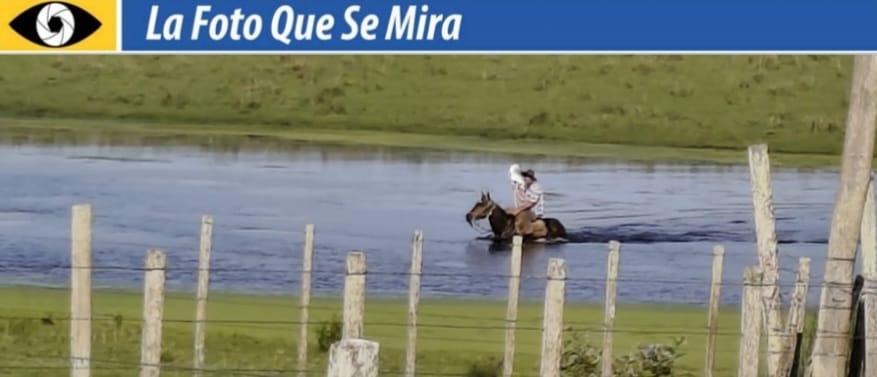 la foto que se mira, El paisando cruzando a caballo la laguna en un establecimiento en Los Cuadrado.