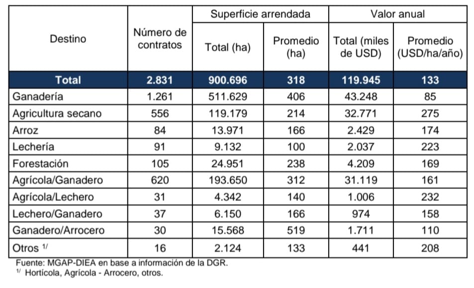 IMAGEN DE PRECIOS POR RUBRO, DIEA presenta los resultados de las operaciones de Arrendamientos Año 2025.